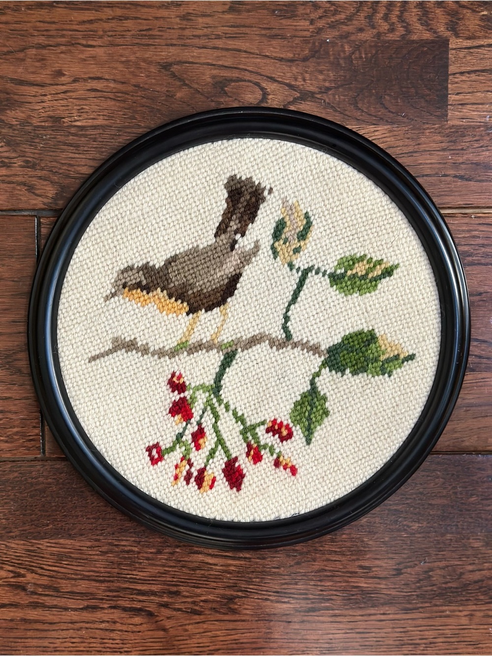 Handcrafted Brown Bird Cross-Stitch Wall Art - Neutral Decor